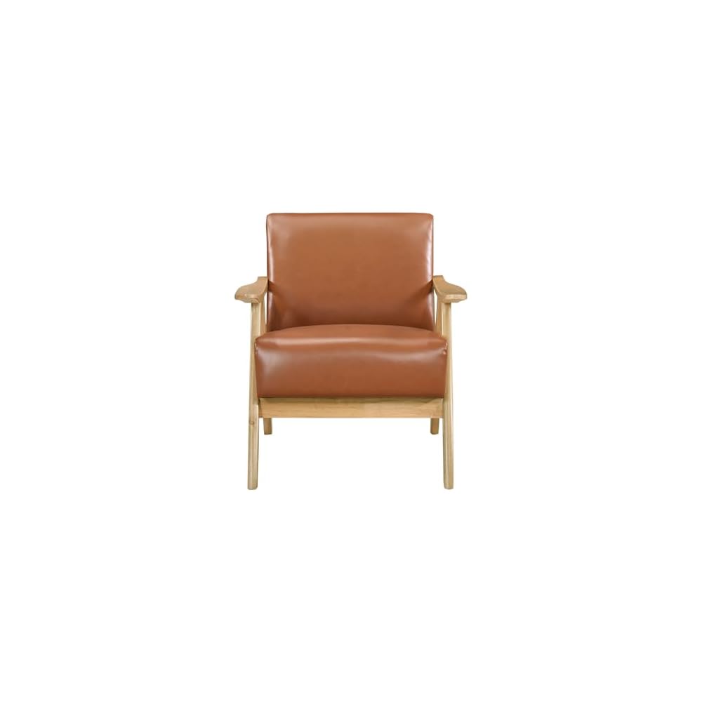 Modern Faux Leather Accent Chair with Cushion Back and Seat, Walnut Finish Solid Rubberwood, Stylish Comfort for Living Room, Home Decor, Upholstered Furniture