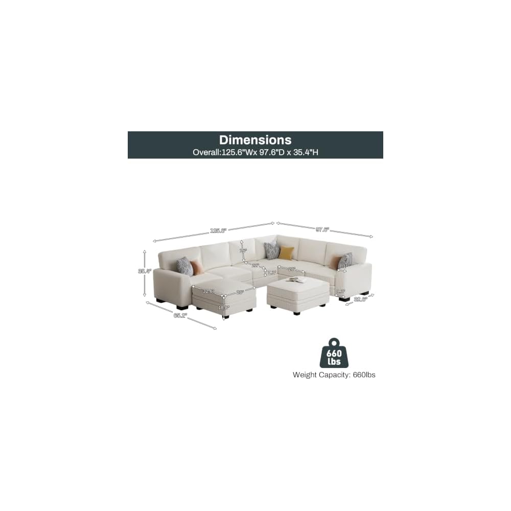 Legend Vansen Oversized Modular Sectional Sofa,U/L‑Shaped Reversible Couch with Ottoman,Deep Seat Corduroy Sofa for Living Room,8‑Seater,Cream