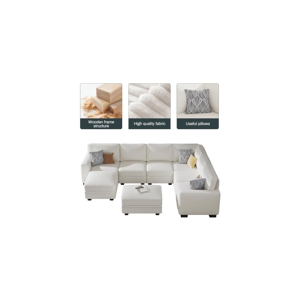 Legend Vansen Oversized Modular Sectional Sofa,U/L‑Shaped Reversible Couch with Ottoman,Deep Seat Corduroy Sofa for Living Room,8‑Seater,Cream