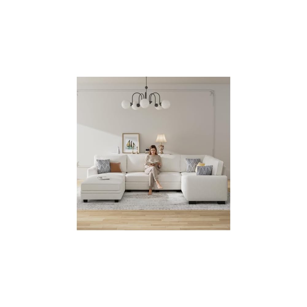 Legend Vansen Oversized Modular Sectional Sofa,U/L‑Shaped Reversible Couch with Ottoman,Deep Seat Corduroy Sofa for Living Room,8‑Seater,Cream