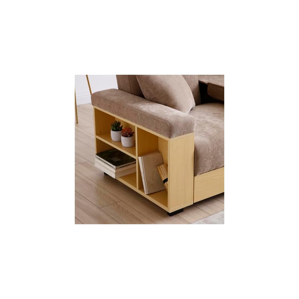 Convertible Sleeper Sofa Bed, Light Brown, With Storage and Cup Holders
