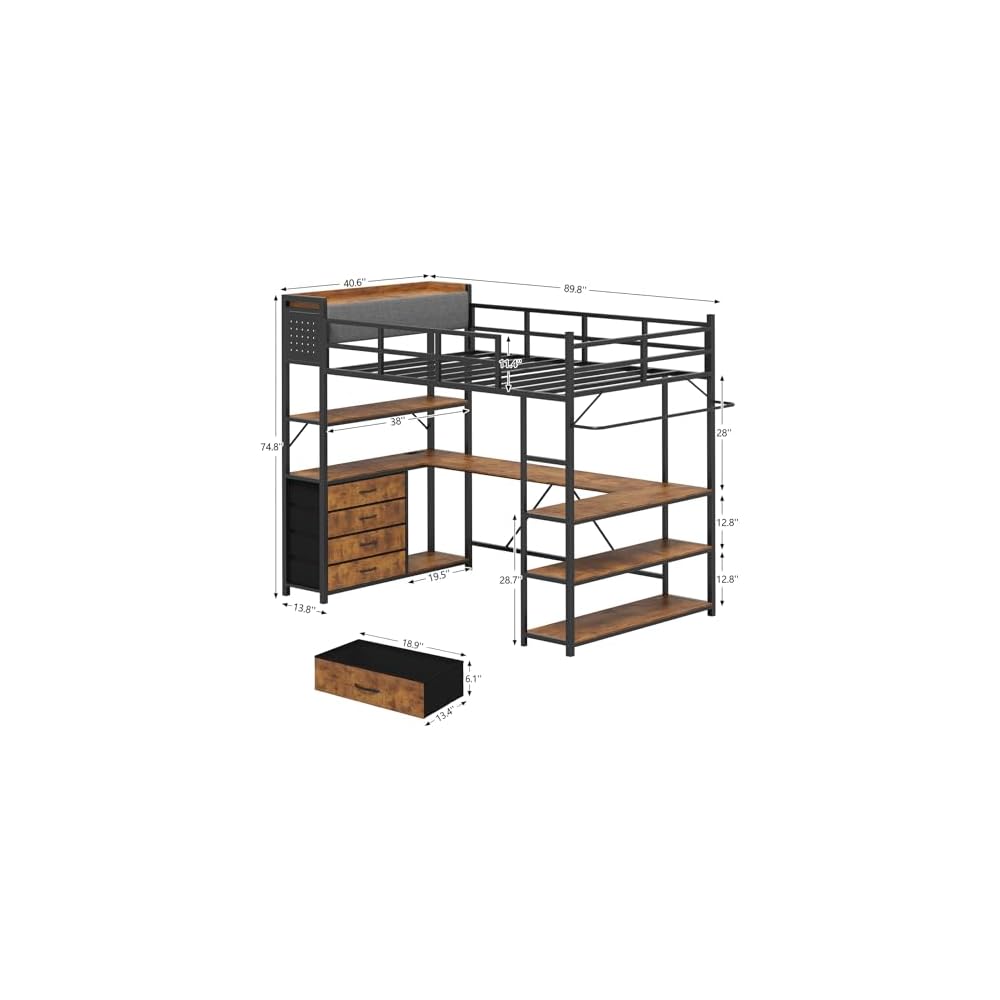 CSZZD Loft Bed Twin Size with Storage Upholstered Headboard & U-Shaped Desk