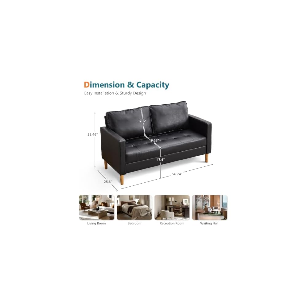 STHOUYN Faux Leather Loveseat, 2 Seater Couch, Living Room Office, Black