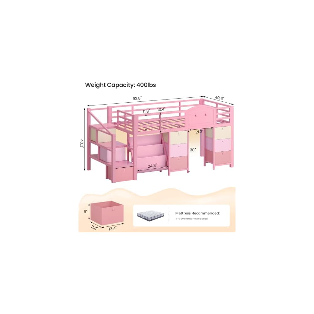 VIAGDO Low Loft Bed Twin Size with 9 Storage Drawers, Bookcase and LED Lights, Metal Kids Loft Bed with Wide Staircase, Open Shelves and Safety Guardrail, Twin Loft Bed with Under-Bed Playhouse, Pink