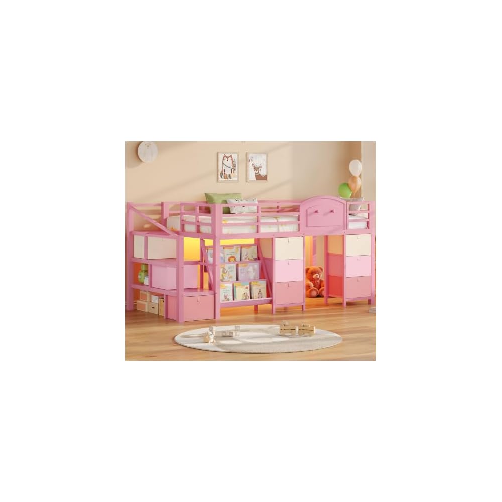 VIAGDO Low Loft Bed Twin Size with 9 Storage Drawers, Bookcase and LED Lights, Metal Kids Loft Bed with Wide Staircase, Open Shelves and Safety Guardrail, Twin Loft Bed with Under-Bed Playhouse, Pink