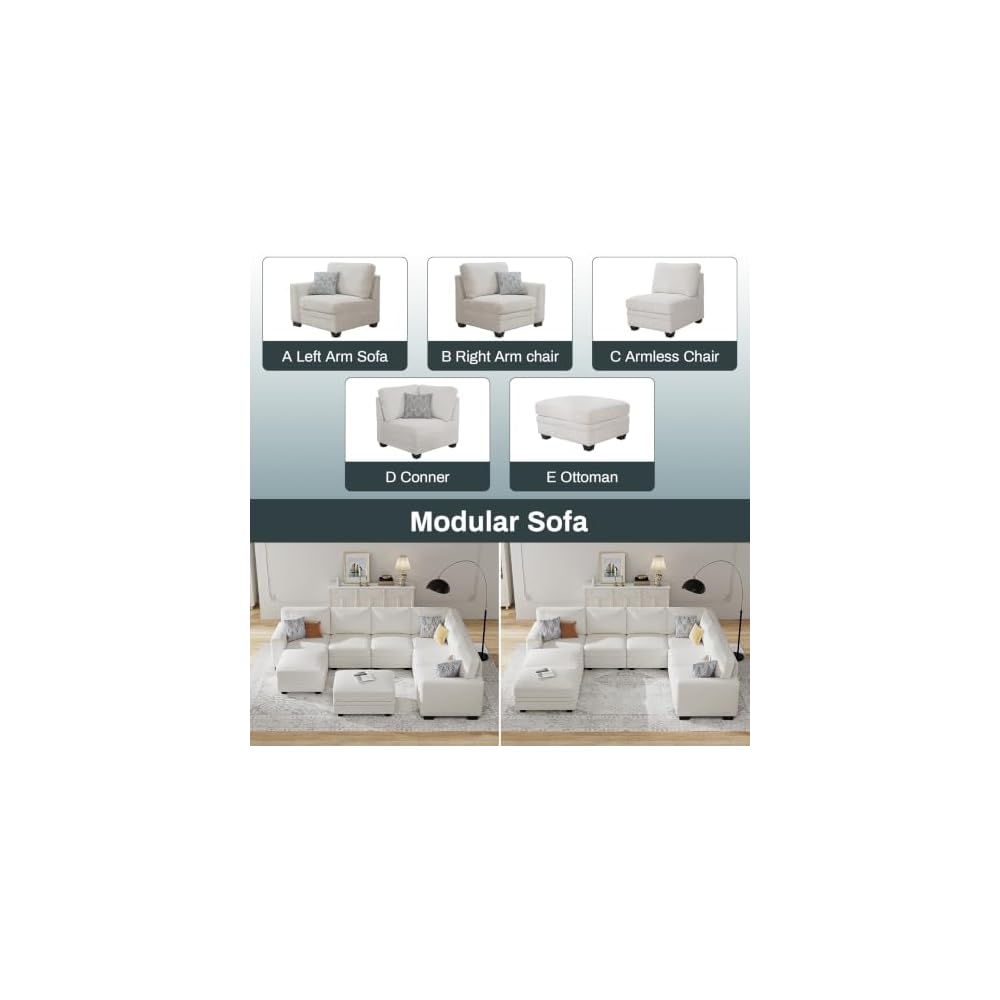Legend Vansen Oversized Modular Sectional Sofa,U/L‑Shaped Reversible Couch with Ottoman,Deep Seat Corduroy Sofa for Living Room,8‑Seater,Cream