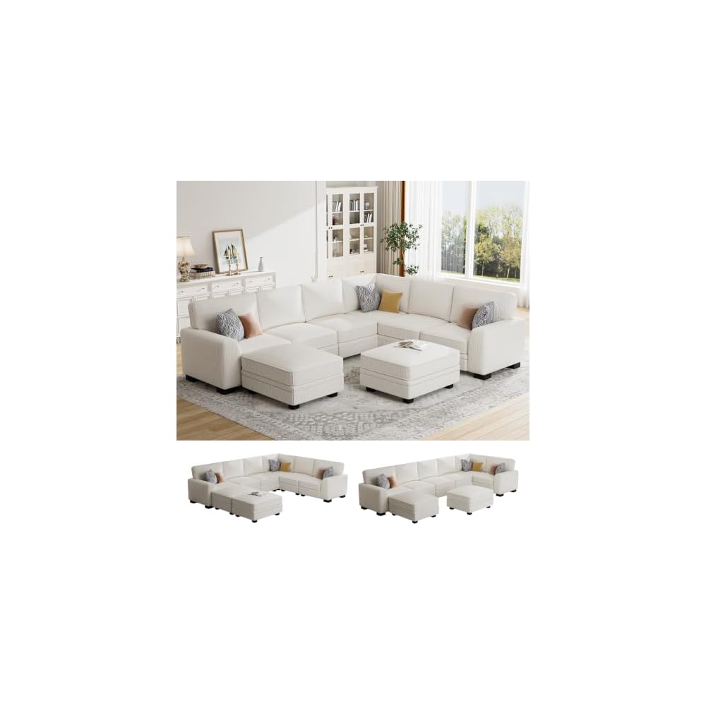 Legend Vansen Oversized Modular Sectional Sofa,U/L‑Shaped Reversible Couch with Ottoman,Deep Seat Corduroy Sofa for Living Room,8‑Seater,Cream