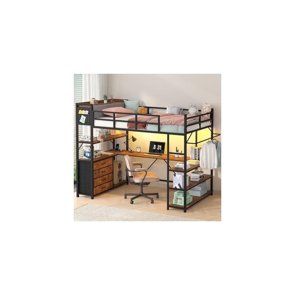 CSZZD Loft Bed Twin Size with Storage Upholstered Headboard & U-Shaped Desk