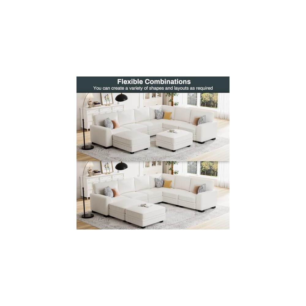Legend Vansen Oversized Modular Sectional Sofa,U/L‑Shaped Reversible Couch with Ottoman,Deep Seat Corduroy Sofa for Living Room,8‑Seater,Cream