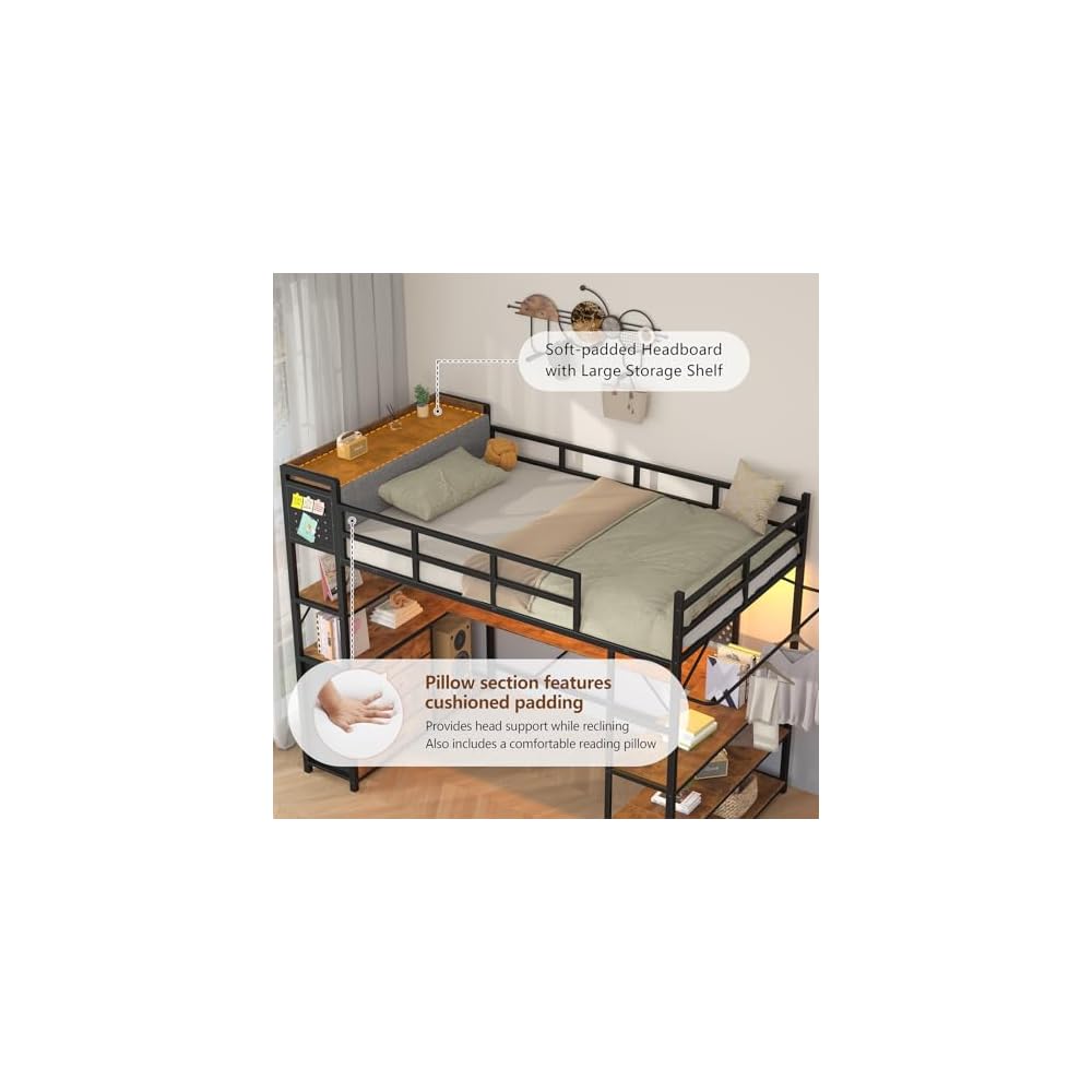 CSZZD Loft Bed Twin Size with Storage Upholstered Headboard & U-Shaped Desk