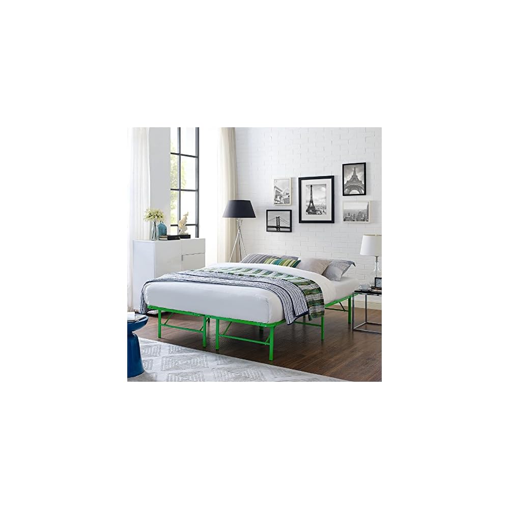 Modway Horizon Queen Bed Frame In Green - Replaces Box Spring - Folding Metal Mattress Bed Frame