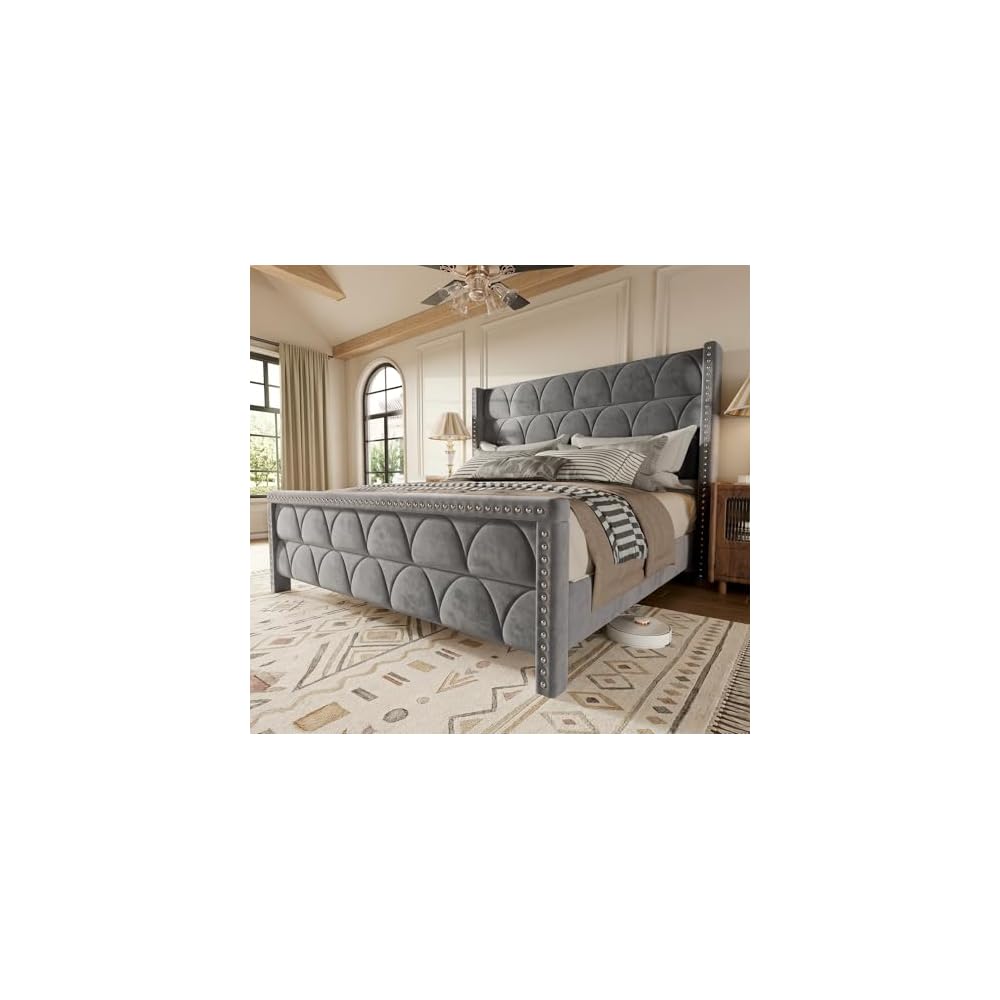 OHOHOLIVE King Size Bed Frame with 56" Headboard - Velvet Upholstered Wingback Platform Bed Frame, Noise Free, Sturdy Wooden Slat Support (Deep Gray, King)