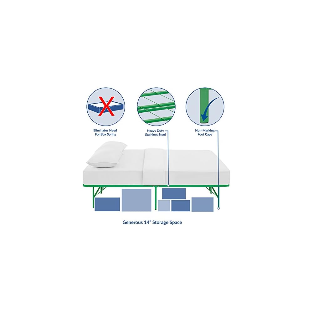 Modway Horizon Queen Bed Frame In Green - Replaces Box Spring - Folding Metal Mattress Bed Frame