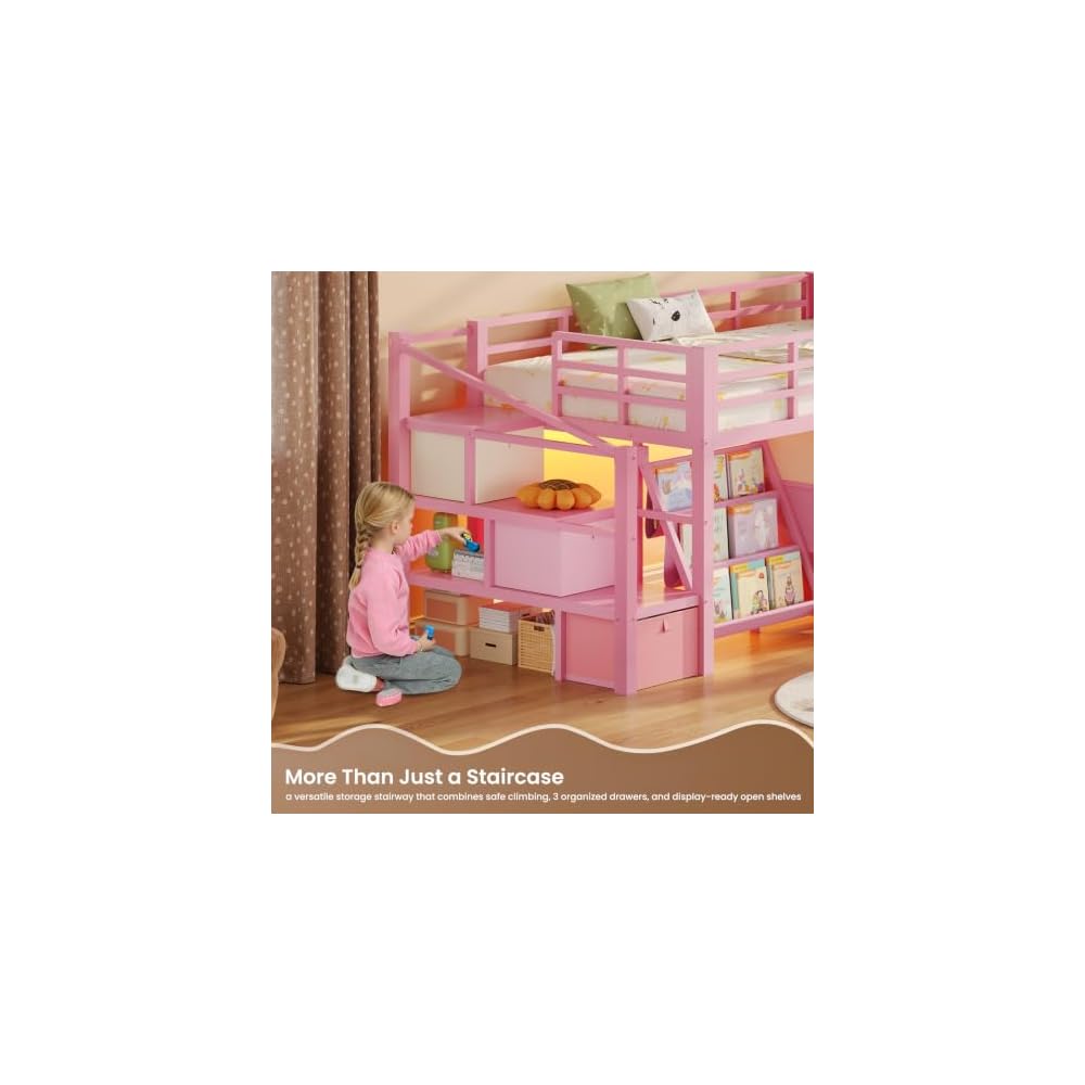 VIAGDO Low Loft Bed Twin Size with 9 Storage Drawers, Bookcase and LED Lights, Metal Kids Loft Bed with Wide Staircase, Open Shelves and Safety Guardrail, Twin Loft Bed with Under-Bed Playhouse, Pink