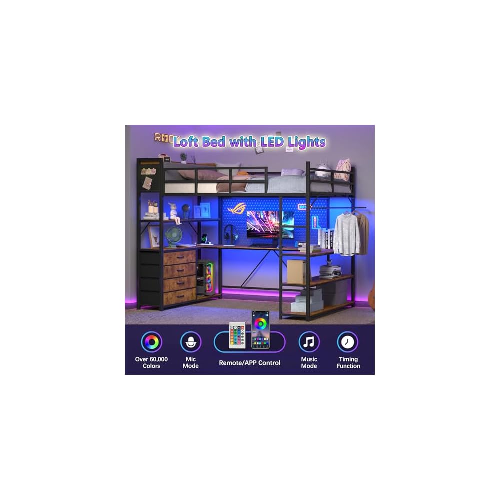 CSZZD Loft Bed Twin Size with Storage Upholstered Headboard & U-Shaped Desk