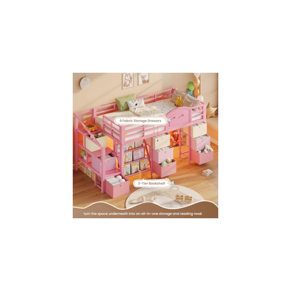 VIAGDO Low Loft Bed Twin Size with 9 Storage Drawers, Bookcase and LED Lights, Metal Kids Loft Bed with Wide Staircase, Open Shelves and Safety Guardrail, Twin Loft Bed with Under-Bed Playhouse, Pink