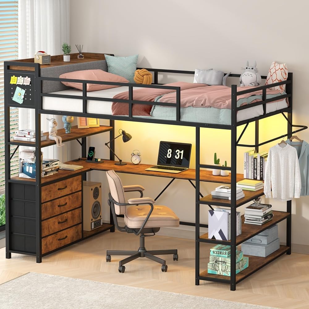 CSZZD Loft Bed Twin Size with Storage Upholstered Headboard & U-Shaped Desk