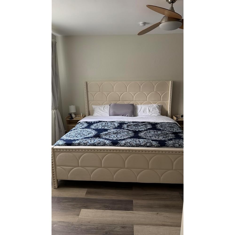 OHOHOLIVE King Size Bed Frame with 56" Headboard - Velvet Upholstered Wingback Platform Bed Frame, Noise Free, Sturdy Wooden Slat Support (Deep Gray, King)