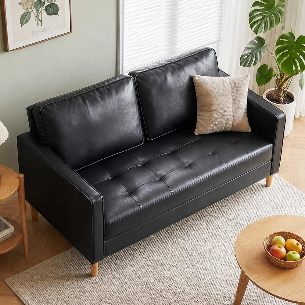STHOUYN Faux Leather Loveseat, 2 Seater Couch, Living Room Office, Black
