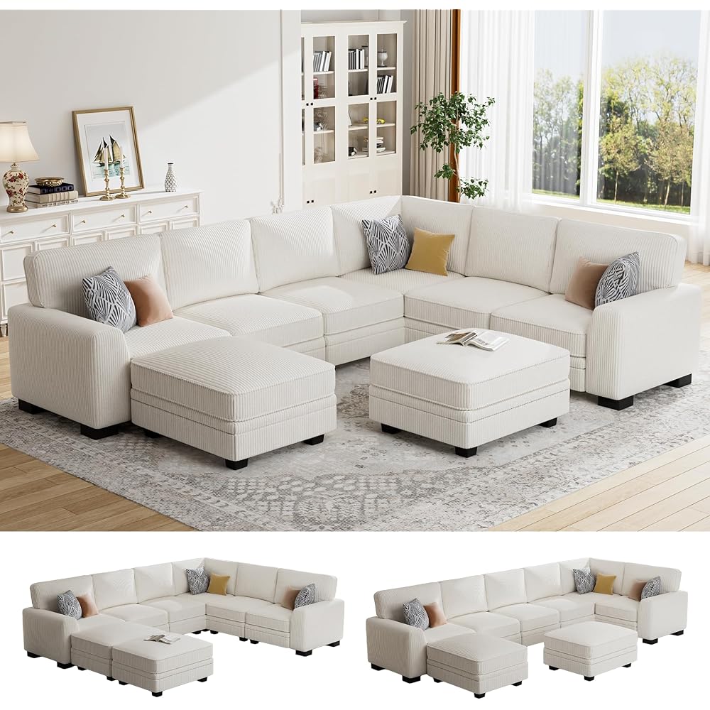 Legend Vansen Oversized Modular Sectional Sofa,U/L‑Shaped Reversible Couch with Ottoman,Deep Seat Corduroy Sofa for Living Room,8‑Seater,Cream