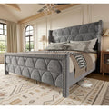 OHOHOLIVE King Size Bed Frame with 56" Headboard - Velvet Upholstered Wingback Platform Bed Frame, Noise Free, Sturdy Wooden Slat Support (Deep Gray, King)