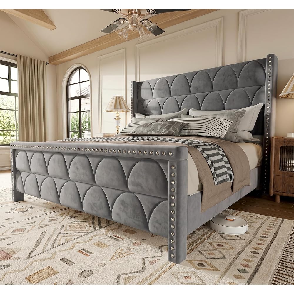 OHOHOLIVE King Size Bed Frame with 56" Headboard - Velvet Upholstered Wingback Platform Bed Frame, Noise Free, Sturdy Wooden Slat Support (Deep Gray, King)