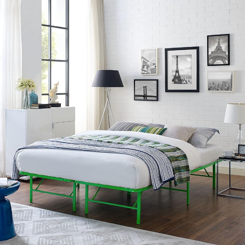 Modway Horizon Queen Bed Frame In Green - Replaces Box Spring - Folding Metal Mattress Bed Frame